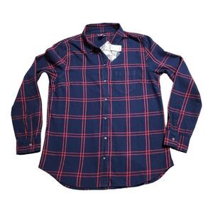 NWT Gap Women's Boyfriend Fit 100% Cotton Medium Button-Up Red Blue Plaid Top‎